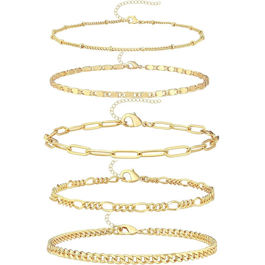 5PCS Ankle Bracelets for Women Teen Girls, 14K Gold Plated Waterproof Layered Cuban Figaro Link Chain Anklets Set Jewelry Gifts