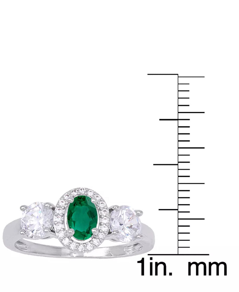 Simulated Emerald Oval Halo 3 Piece, Pendant, Earrings and Ring, Set in Silver Plate